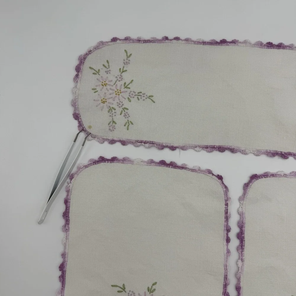 Antique 3 Piece Embroidered Linen Armchair Set‎ Textiles Antimacassar Lavender